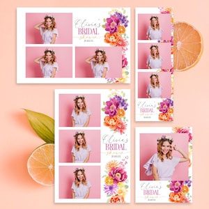 May include: A bridal shower photo booth template with a pink background. The template includes photos of a woman wearing a flower crown. The text "Olivia's Bridal Shower" is displayed with floral accents.