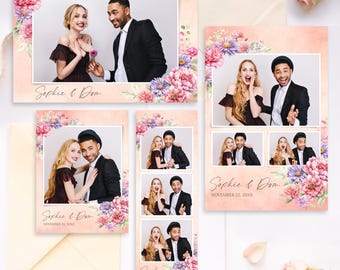 Plantilla de fotomatón de jardín de primavera, superposición de fotomatón de boda con flores de acuarela, marco para fiesta de despedida de soltera