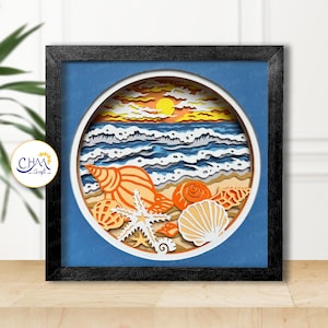 3D-strand en schelpen Shadow Box SVG, 3D Beach SVG, Shadow Box-sjabloon, 3D gelaagde SVG, Paper Cut Light Box, voor Cricut, voor Silhouette