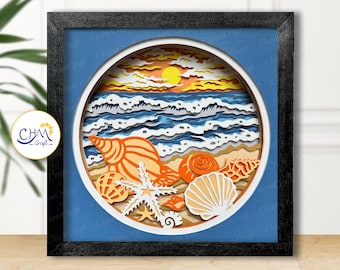 3D Beach And Seashells Shadow Box SVG, 3D Beach SVG, Shadow Box Template, 3D Layered SVG, Paper Cut Light Box, for Cricut, for Silhouette