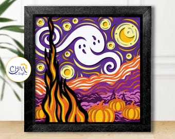 3D Starry Night Halloween Shadow Box SVG, Van Gogh SVG, Shadow Box Template, 3D Layered SVG, Paper Cut Light Box, for Cricut, for Silhouette