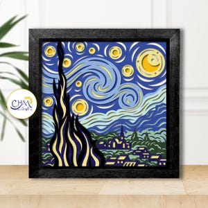 Scatola luminosa con stelle 3D in formato SVG, Van Gogh in formato SVG 3D, modello per scatola luminosa, SVG a strati 3D, scatola luminosa con taglio su carta, per Cricut, per Silhouette