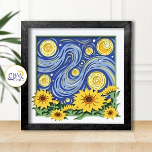 3D Sternennacht Sonnenblume Schatten Box SVG, 3D Van Gogh SVG, Schatten Box Vorlage, 3D Layered SVG, Papierschnitt Licht Box für Cricut, Silhouette