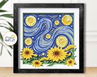 3D Starry Night Sunflower Shadow Box SVG, 3D Van Gogh SVG, Shadow Box Template, 3D Layered SVG, Paper Cut Light Box, for Cricut, Silhouette