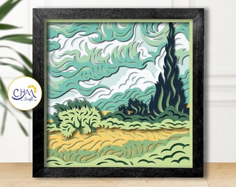 3D Wheat Field With Cypresses Shadow Box SVG, 3D Van Gogh SVG, Shadow Box Template, Layered SVG, Paper Cut Light Box, for Cricut, Silhouette