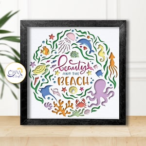 Scatola luminosa 3D "Bellezza e spiaggia" in formato SVG, modello di scatola luminosa 3D "Spiaggia", modello di scatola luminosa 3D a strati, modello di scatola luminosa in formato cartaceo ritagliato, per Cricut, per Silhouette