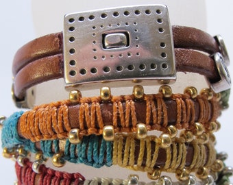 Double Straps Triple Wrapped Multi Colored Macrame Leather Bracelet - Bronze Flat Leather, Silver and Gold Seed Beads 19.25" long