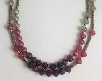 DOUBLE STRAND 20 inch Necklace, Red, Hot Pink and Silver Czech English Cut Beads, Brass Heishis, Gold Toggle Clasp