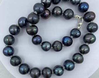 Large Black Potato Pearl Choker - Knotted 17 Inch Necklace