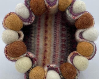 Felted Wool Tray, Bowl, Coaster. Recycled Sweater, Hand sewn Brown, Yellow, White