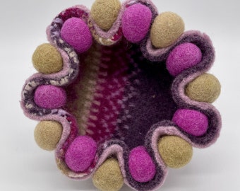 Jewelry Tray, Bowl, Felted Wool, Recycled Sweater, Handsewn, Magenta and Beige