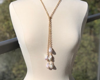 Show Stopping Statement LARIAT, 5 Very Large White Baroque Pearls Dangle from a Matte Gold Plated Chain 38.5 inches Long