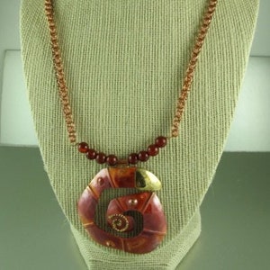 Bold Copper Necklace, Copper and Brass Chain, Spiral Copper Pendant, Carnelian Beads Copper Clasp, 21.5 inches image 1