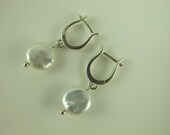 White Coin Pearl Earrings, European Leverback Earwires, Sterling Silver or Gold Vermeil, 1 in (2.5 cm)