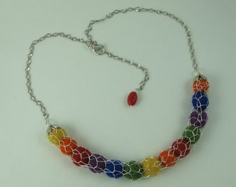 Felt Ball Necklace, Colors of the Rainbow,  Silver Tone Hand Knitted Cage, Silver Plated Chain Extends Up to 23 inches