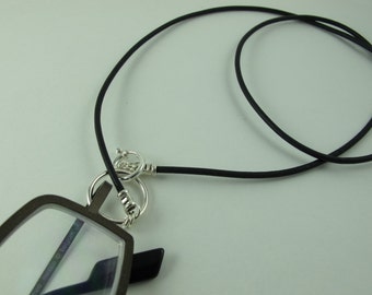 LoopM, Eyeglasses Holder, Sterling Silver Loop, Clasp, Crimps on Greek Leather Neck Cord, Readers Keepers in Black 24 in.