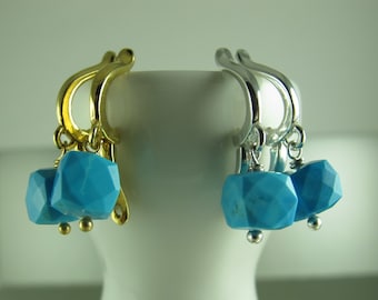 Turquoise Cube Sterling Silver Earrings, Southwest Leverback Dangle