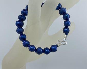 Pearl Bracelet, Electric Blue, Knotted with Blue Nylon, Silver Clasp, 7.5 inches