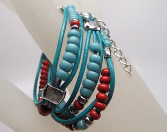 Red, Aqua, and Blue Seed Bead Triple Wrap Bracelet, Silver Clasp