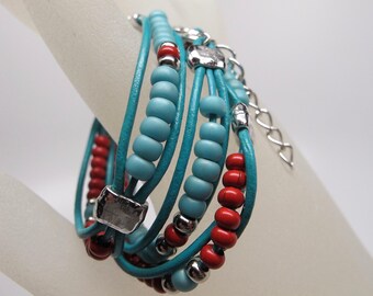 Triple Wrap Bracelet, Fiesta Colors of Red, Aqua and Blue, Silver Findings, S Hook With Chain Extender