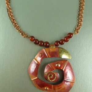 Bold Copper Necklace, Copper and Brass Chain, Spiral Copper Pendant, Carnelian Beads Copper Clasp, 21.5 inches image 3