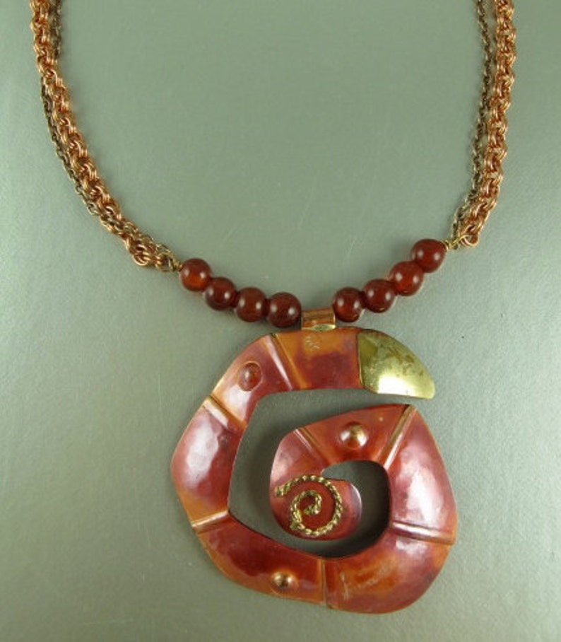 Bold Copper Necklace, Copper and Brass Chain, Spiral Copper Pendant, Carnelian Beads Copper Clasp, 21.5 inches image 3