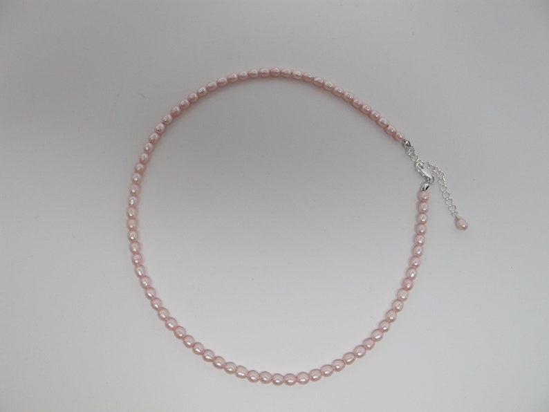 Dainty Freshwater Pearl Choker Necklace, 4 mm Pink Rice Pearl Necklace, Silver Plated Lobster Clasp and Extension Chain 16.5-18 inches long image 4