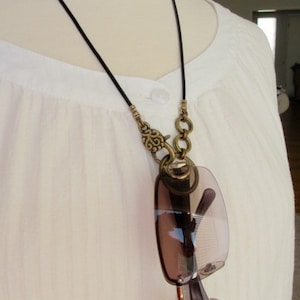 Eyeglasses Holder, LoopM, Antiqued Brass Loop, Chain, Clasp, Crimps on Black Leather  Neck Cord, Readers Keepers, 24 inches