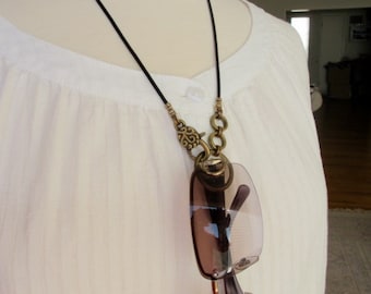 Eyeglasses Holder, LoopM, Antiqued Brass Loop, Chain, Clasp, Crimps on Black Leather  Neck Cord, Readers Keepers, 24 inches