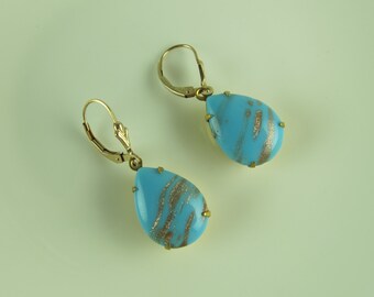 Vintage Aventurine Pear Earrings, Gold Inclusions, Gold Plated Lever Backs
