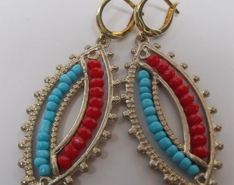 Vibrant Earrings with Red and Turquoise Glass Seed Beads, Gold-Finished Frame, Gold-filled European Lever Backs