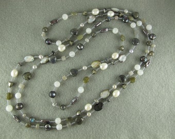 Shades of Gray Rope Necklace of Pearls Gemstones Glass Beads, 64 inches Infinity Necklace Slip On, No Clasp, Double or Triple Wrap Necklace