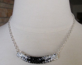 Black and White, Rhinestone Studded Curved Hollow Bar, Silver Chain, Black and Crystal Rhinestones, Adjustable up to 17 inches