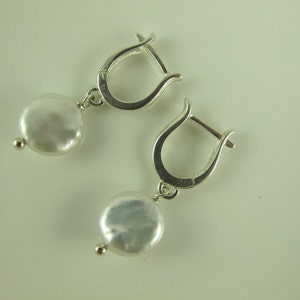 White Coin Pearl Earrings, European Leverback Earwires, Sterling Silver or Gold Vermeil, 1 in 2.5 cm image 1