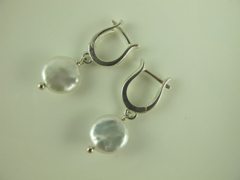 White Coin Pearl Earrings, European Leverback Earwires, Sterling Silver or Gold Vermeil, 1 in 2.5 cm image 1