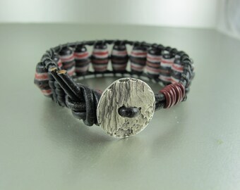 Unisex, Ladder WRAP Bracelet with Krobo Tribe Black, Red, White, Recycled Handpainted Glass Beads, Greek Leather Cord