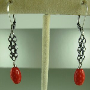 Red Dangle Earrings, Bright Red Czech Dotted Oval Glass Beads, Old World Filigree Connectors, Antique Silver Finish, 2 inches 5cm image 2