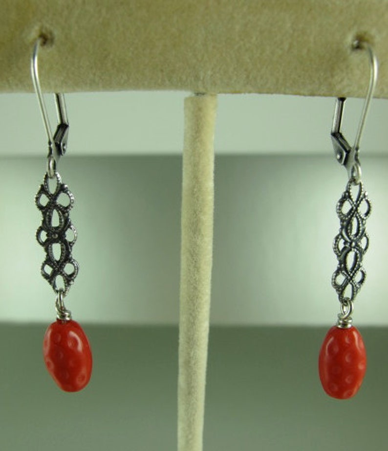 Red Dangle Earrings, Bright Red Czech Dotted Oval Glass Beads, Old World Filigree Connectors, Antique Silver Finish, 2 inches 5cm image 2