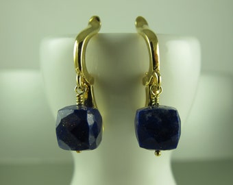 Lapis Lazuli Cubes, Dangling Earrings, European Leverback Earwires, Sterling Silver or Gold-Filled, 1 1/8 in (2.5 cm)