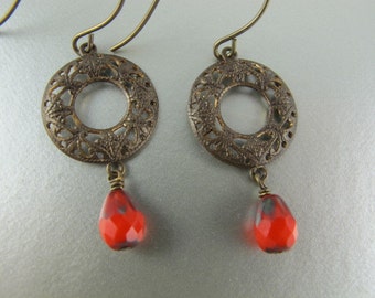 Earrings, Under Ten Dollars, Bright Red Glass Teardrop Dangle, Vintaj Brass Filigree and Earwires