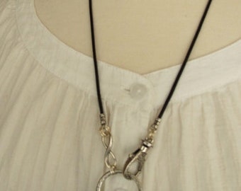 Eyeglass Holder Lanyard, Silver Tone Loop, Black Greek Leather