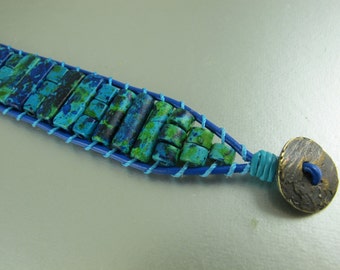 Ladder Bracelet, Greek Ceramic Beads, Colors of the Aegean Sea, Royal Blue Greek Leather Cord. Adjustable.