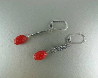 Red Dangle Earrings, Bright Red Czech Dotted Oval Glass Beads, Old World Filigree Connectors, Antique Silver Finish, 2 inches (5cm)