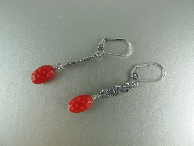 Red Dangle Earrings, Bright Red Czech Dotted Oval Glass Beads, Old World Filigree Connectors, Antique Silver Finish, 2 inches 5cm image 1