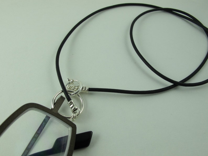 Glasses Holder/Keeper Necklace, Sterling Silver Loop, Clasp, Crimps, on Greek Leather Cord, Black 23 in. image 1