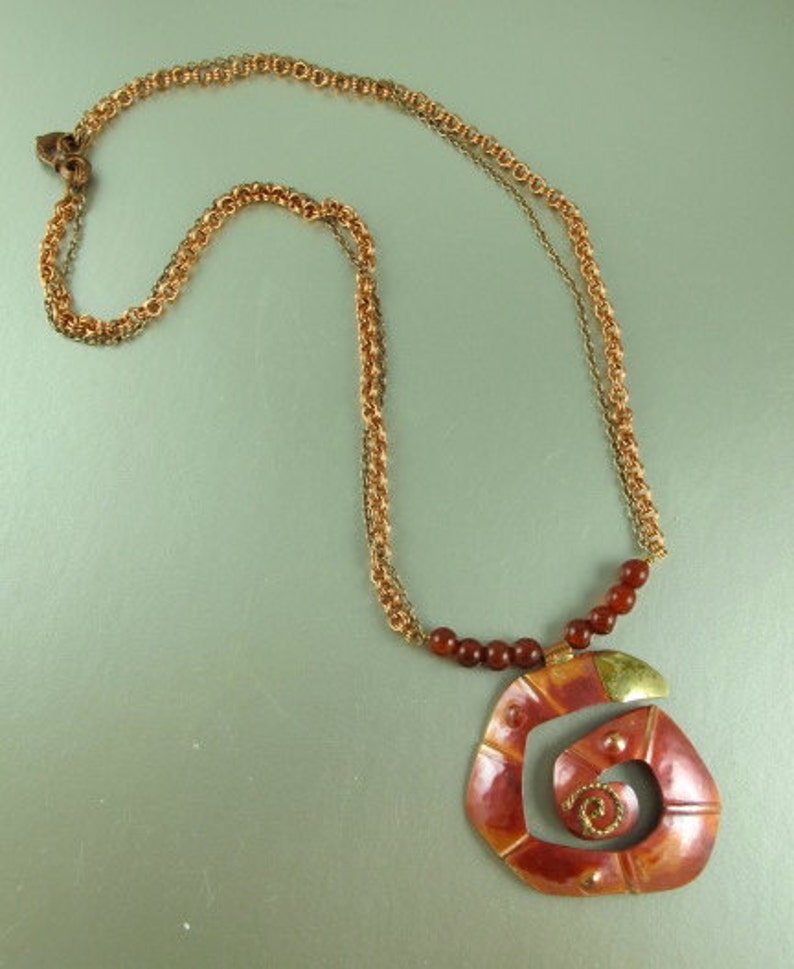 Bold Copper Necklace, Copper and Brass Chain, Spiral Copper Pendant, Carnelian Beads Copper Clasp, 21.5 inches image 2