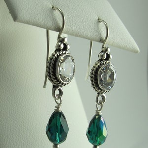 Earrings Swarovski Emerald Teardrop Dangles from Bezel Mounted Crystal Quartz Sterling Silver Ear Wires, Christmas or May Birthday