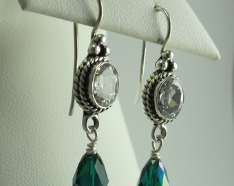 Earrings Swarovski Emerald Teardrop Dangles from Bezel Mounted Crystal Quartz Sterling Silver Ear Wires, Christmas or May Birthday