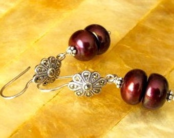 Pearl Earrings, Marsala Pearls Dangle from Marcasite Studded Floret. Sterling Silver Ear Hooks