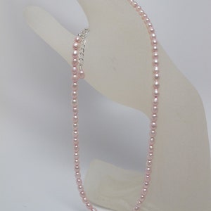 Dainty Freshwater Pearl Choker Necklace, 4 mm Pink Rice Pearl Necklace, Silver Plated Lobster Clasp and Extension Chain 16.5-18 inches long image 5